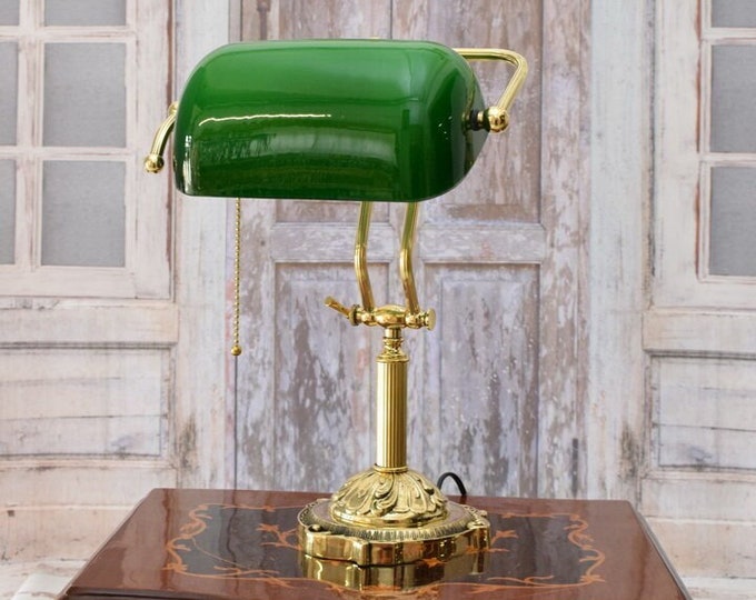Banker Polished Brass Lamp - Green Glass Desk Lamp - Elegant Gift for Office - Vintage Lamp - Amazing Gift for Boss
