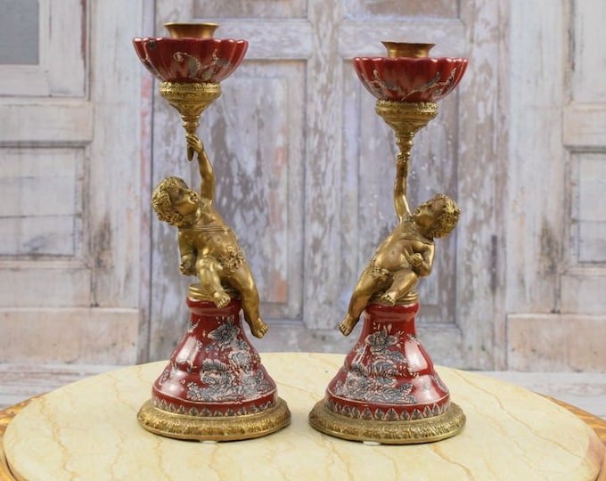Red Pair Porcelain Candlesticks  with Bronze Angel - Candleholder Bronze - Candlestick Angels  Art Deco Gift - Home Decor