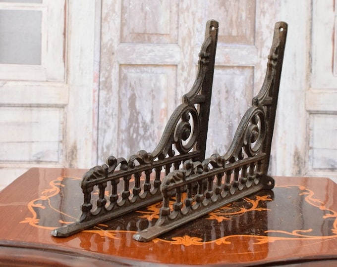 Brown Decorative Hooks for Wall Ledges - Pair Cast Iron Shelf Brackets - Rustic Home and Garden Decor - Solid and Stable - Wall Bookshelf