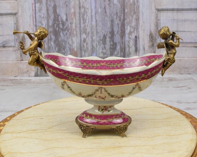 Bowl - Two Playing Angels Porcelain with Bronze Ornaments - Plateau Art Nouveau - Exclusive Porcelain Flower Design - Home Decor - Gift Idea