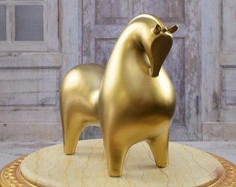 Modernist Ceramic Horse Sculpture: Golden Metal Stallion, Home Decor (11.02x12.20 inches)