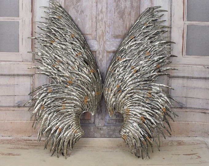 Rustic Metal Set Angel Wings - Wall Art - Wall Decor - Silver and Rustic HandMade Decor - Gift Idea - Home Decor - Heart Angel
