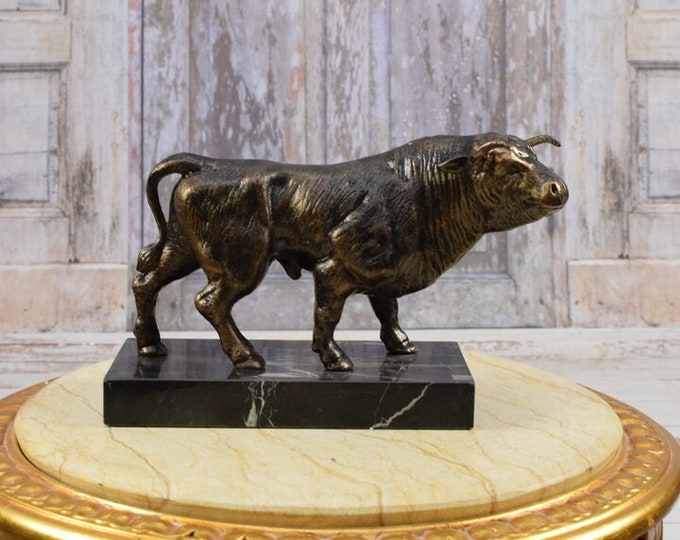 Large and Heavy Cast Iron Bull Statue  - Corrida Bull on Marble Base - Bull Figurine - Vintage Statue Gift for Boss - Home and Office Decor