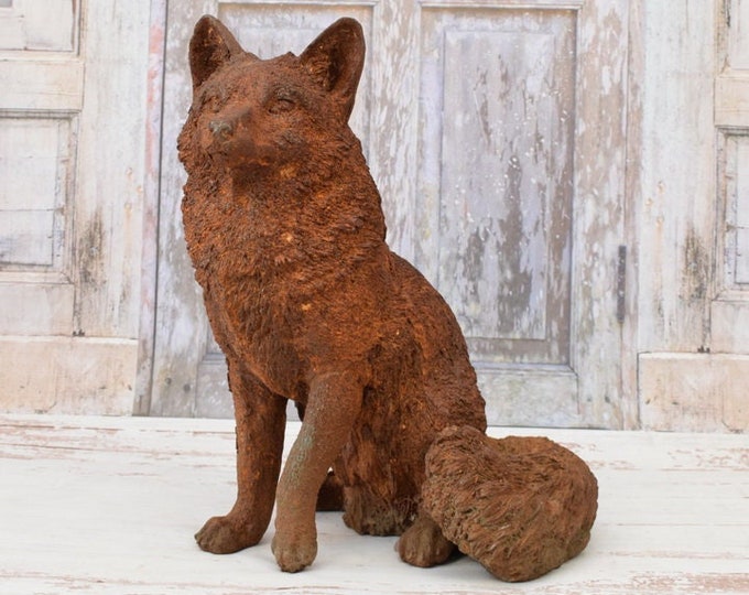 Large Cast Iron Fox Garden Statue - Rustic Realistic Figurine