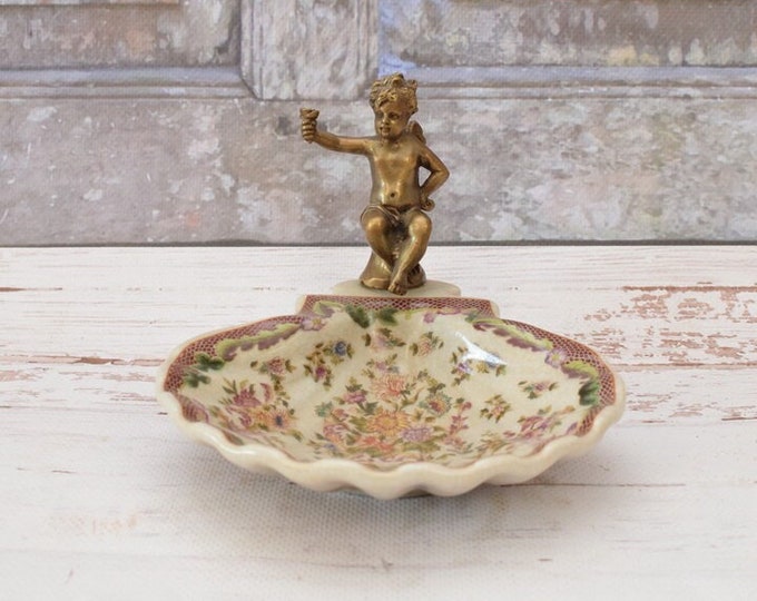 Colorful Soap Dish Porcelain - Vintage Plateau Porcelain with Bronze Angel - Art Nouveau Porcelain - Flowers Ornaments - Vintage Gift