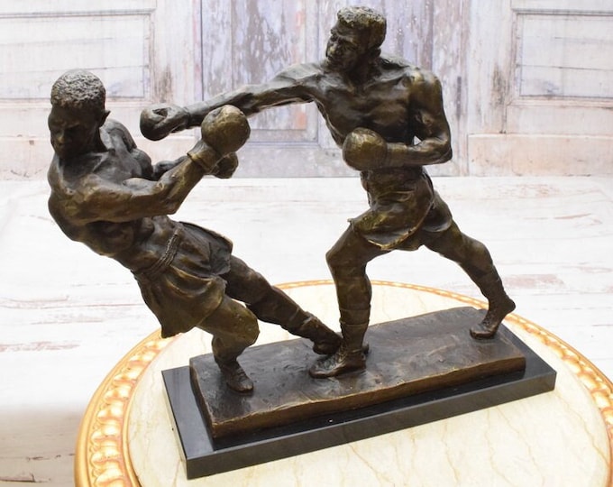 Two Fighting Boxers Bronze Sculpture on Marble Base - Sport Box - Boxing Men Statue - Martial Arts Sport Trophy - Home Decor Gift for Boxer