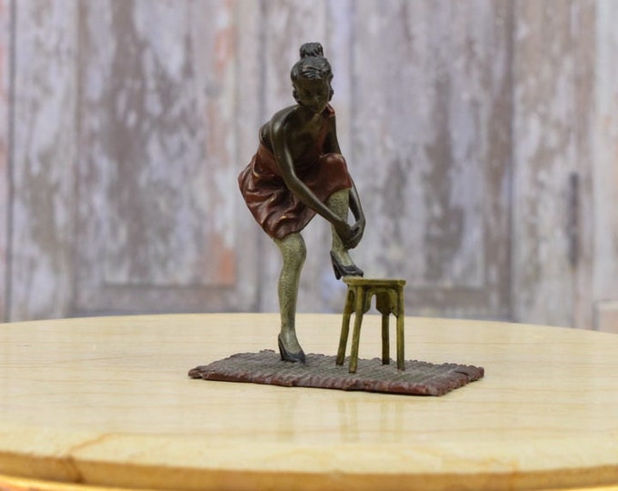 Woman in Dress on Dressing Shoes - Bronze Statue Realistic - Art Deco Figurine - Elegant Vintage Sculpture - Home Decor Foundry Mark