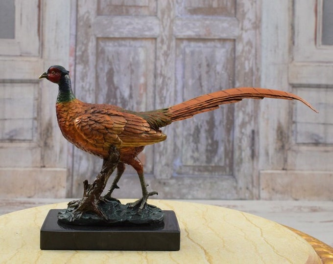 Pheasant Hunter Bronze - Sculpture Pheasant - Painted Bronze - Foundry Mark - Gift Hunting Idea - Amazing Painted Bronze Pheasant