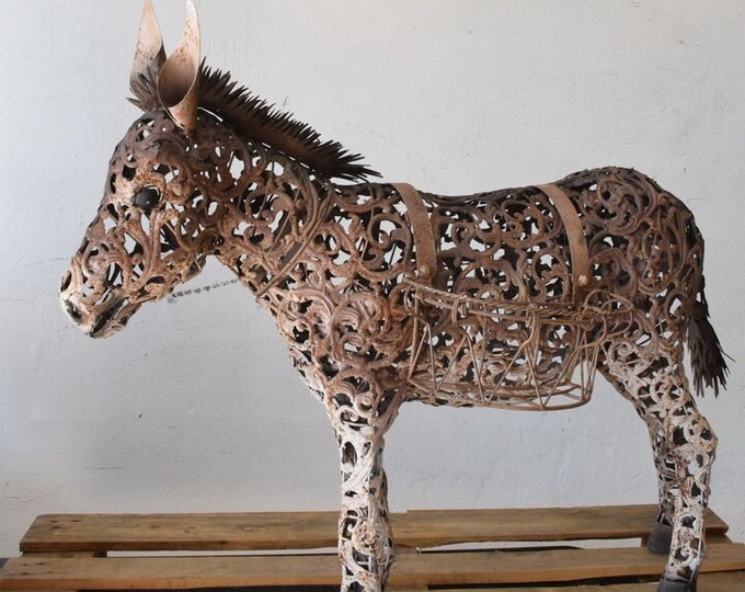 Big Iron Funny Donkey Figure - Donkey with Two Baskets Nice Detail and Beautiful Colours - Amazing Metal Statue for Garden - Gift Art Work