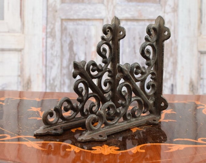 Decorative Hooks for Wall Ledges - Pair Cast Iron Shelf Brackets - Rustic Home and Garden Decor - Solid and Stable - Wall Bookshelf Support