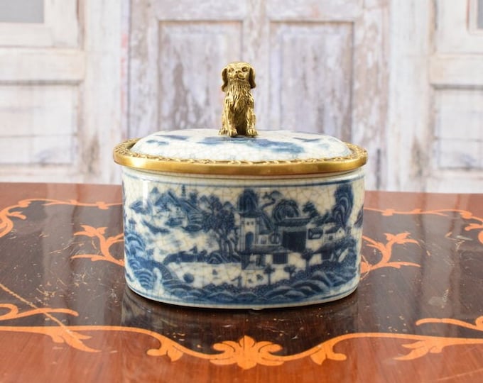 Porcelain Box with Lid - Bronze Brnaments and Dog Sculpture - Japanese Ornaments - Blue Exclusive Casket - Gift Idea - Home Decor