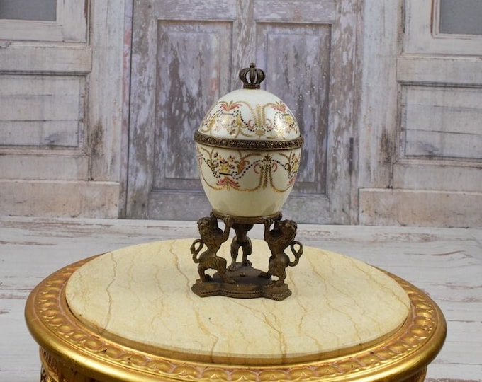 Unique Brown Egg - Porcelain with Bronze - Porcelain Box - Lions Figurines and Floral Ornaments - Lion Statue - Home Decor - Foundry Mark