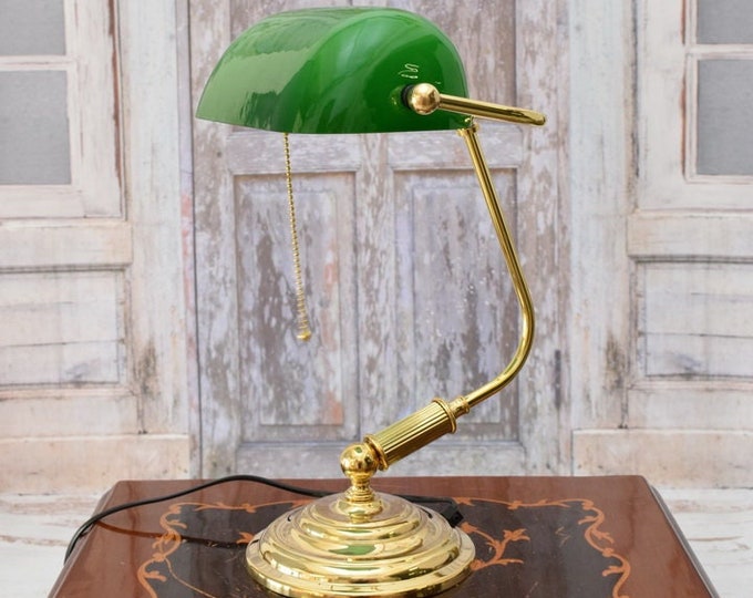 Banker Polished Brass Lamp - Green Glass Desk Lamp - Elegant Gift for Office - Vintage Lamp - Amazing Gift for Boss