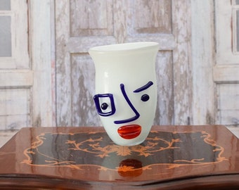 Handcrafted White Vase Murano Glass - Comical Vase Face Murano Style - Unique Figurine - Heavy Glass - Italian Luxury Glass - Home Decor