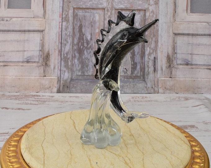 Amazing Swordfish Murano Style - Statue Glass Fish - Black Swordfish On Wave - Unique Home Decor - Italian Glass Gift Idea