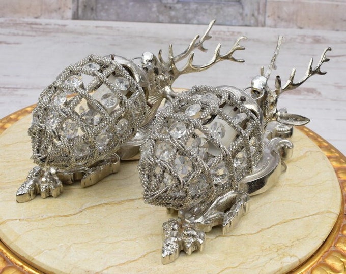 Silver Brass Deer Head Sconce – Crystal Embellished Hunting Wall Decor