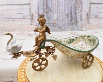 Vintage Handmade Porcelain Angel Swan Chariot with Bronze Ornaments