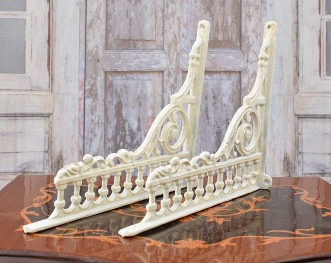 White Decorative Hooks for Wall Ledges - Pair Cast Iron Shelf Brackets - Rustic Home and Garden Decor - Solid and Stable - Wall Bookshelf