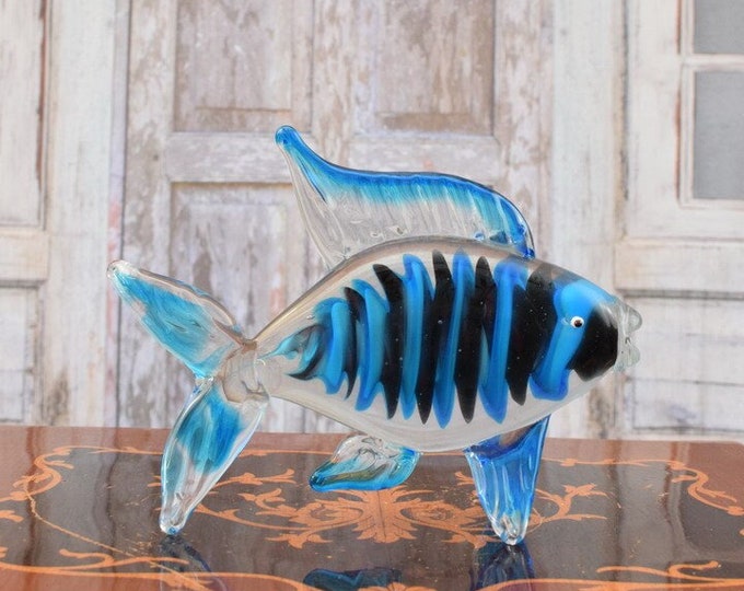 Blue Venetian Glass Murano Style - Veil Blue Fish - Statue Fish - Unique Figurine Home Decor - Italian Glass - Good Gift for Wedding