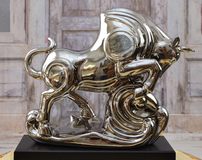 Modernist Silver Bull Sculpture - Ceramic and Metal Silver Statue - Luxury Gift Idea - Modernist Statue - Home Decor - Unique Gift Idea