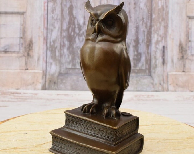 Owl on Books Bronze Statue - Wisdom Symbol Figurine - Statue on Marble Base - Gift for Student - Home Decor - Vintage Statue - Art Deco