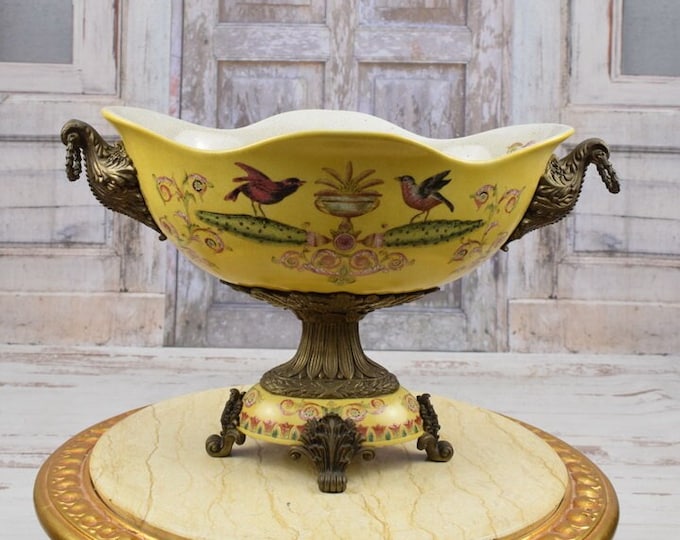 Large Yellow Plateau Porcelain with Bronze Ornaments - Flowers Painted Porcelain - Art Nouveau Porcelain - Richly Decorated - Home Decor
