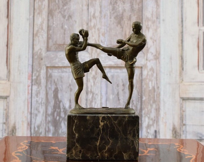 Two Fighting Kickboxers Bronze Sculpture on Marble Base - Sport Box - Boxing Men Statue Martial Arts Sport Trophy - Home Decor