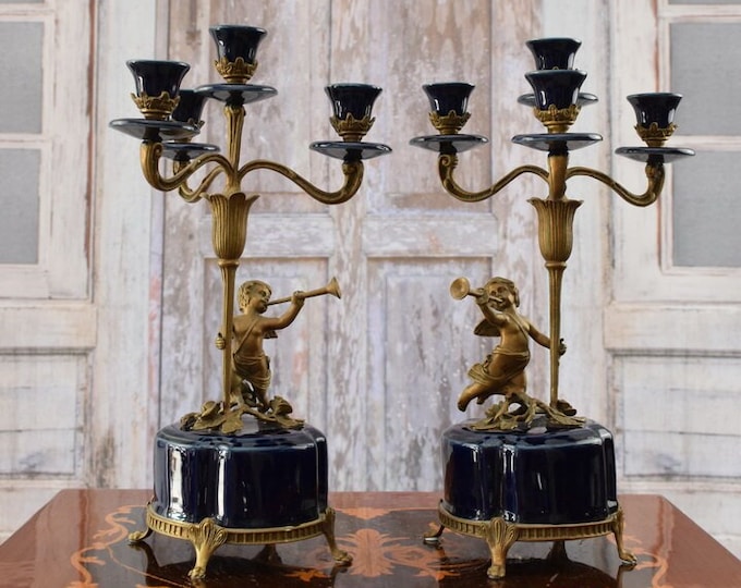 Dark Blue Pair Porcelain with Bronze Candlesticks - Playing Angel Bronze Candlestick - Regency Candlestick - Boho Decor - Exclusive Gift