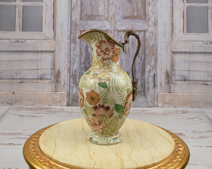 Porcelain Wine Jug with Bronze Handle - Porcelain Carafe - Painted Floral Ornaments - Art Nouveau Style - Home Decor - Kitchen Decor