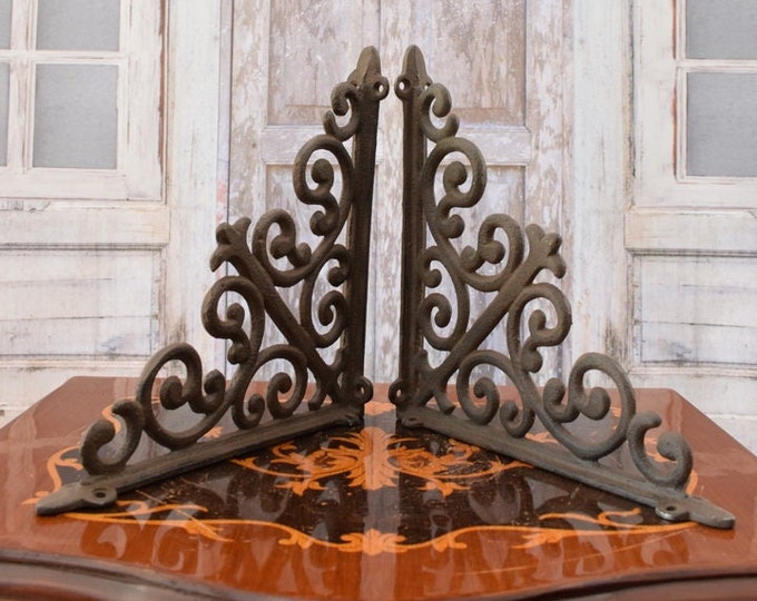 Decorative Hooks for Wall Ledges - Pair Cast Iron Shelf Brackets - Rustic Home and Garden Decor - Solid and Stable - Wall Bookshelf Support
