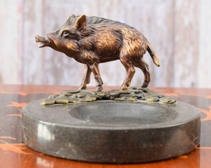 Marble and Bronze Ashtray - Boar Figurine - Sculpture Boar - Hunter Statue - Gift Idea - Home Decor