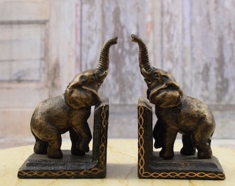 Paire Serre-livres Deux Éléphants - Statue d’Éléphant - Figurines Éléphant - Support de livre vintage - Support de livre en fonte - Décoration intérieure - Support de livres