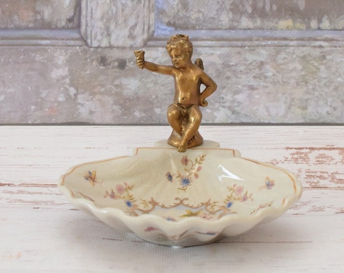Flower Soap Dish Porcelain - Vintage Plateau Porcelain with Bronze Angel - Art Nouveau Porcelain - Flowers Ornaments - Vintage Gift