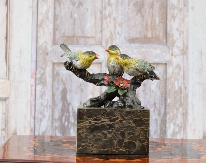 Lifesize Three Birds on Branch - Bronze Sculpture Figurines Birds - Bronze Sculpture Gift Idea Exclusive Statue - Art Home Decor