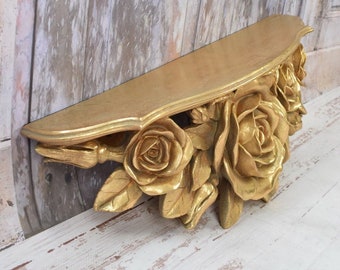 Vintage Style Gold Wall Console with Roses: Home Decor Shelf