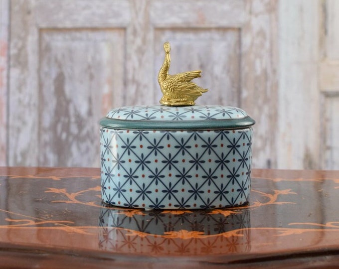 Porcelain Box with Swan - Bronze Ornaments and Swan Sculpture - Kitchen Decor - Blue Exclusive Casket - Home Decor - Unique Gift