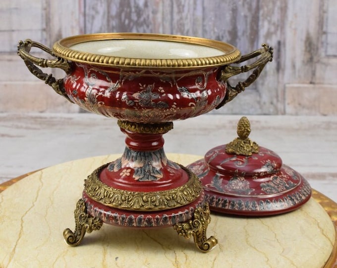 Unique Red Porcelain Vase with Bronze Ornaments - Art Nouveau Porcelain - Flower Design - Luxury Gift for Wedding - Home Decor