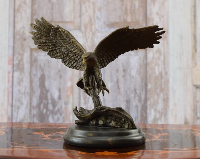 Flying Eagle Bronze Statue - Figurine Buzzard on Marble Base - Foundry Mark Sculpture - Gift for Hunter -