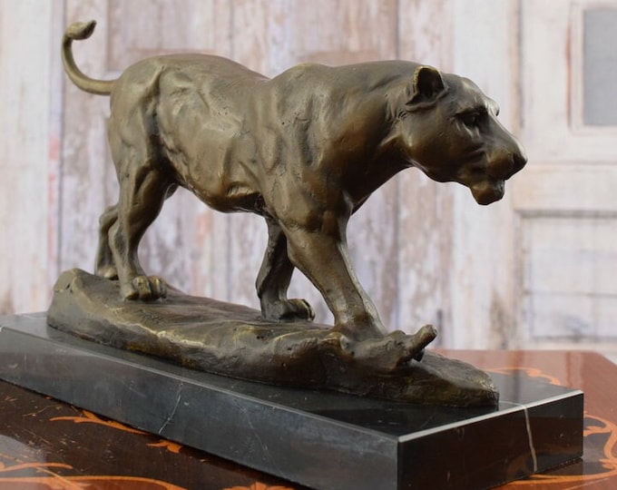 Large Solid and Heavy Tiger Bronze Sculpture on Marble Base - Realistic Bronze Statue - Panther Jaguar Statue - Luxury Gift - Unique Decor