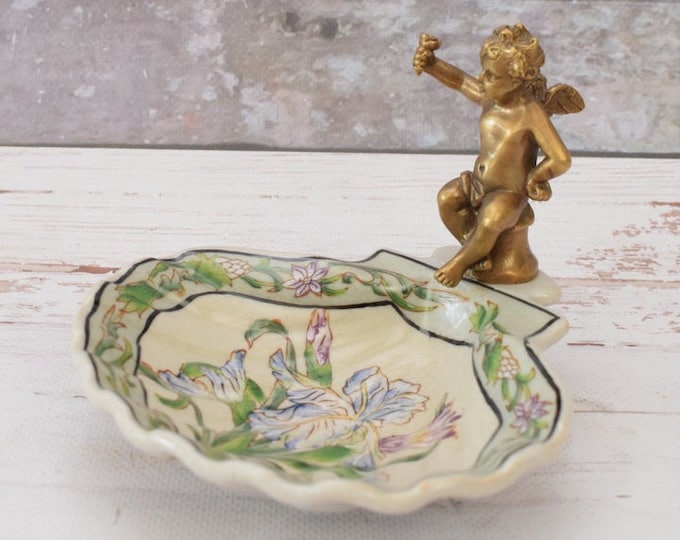Soap Dish Porcelain - Vintage Plateau Porcelain with Bronze Angel - Art Nouveau Porcelain - Flowers Ornaments - Vintage Gift