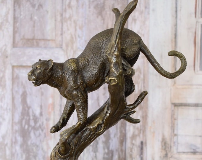 Panther on Branch Bronze Sculpture on Marble Base - Realistic Bronze Statue - Panther Jaguar Statue - Luxury Gift -