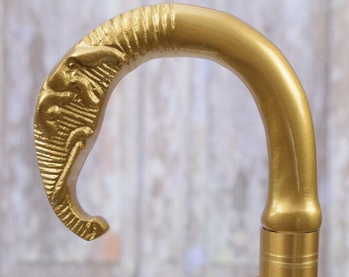 Brass Elephant Head Walking Stick - Wooden and Brass Cane - Walking Stick Gift for Grandfather - Wooden Art Work Cane