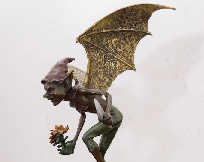Funny Winged Goblin - Bronze Statue on Marble Base - Funny Gnome Pixie Bronze Sculpture - Elf Bronze -