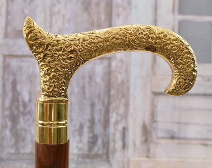 Classic Walking Stick - Wooden and Brass - Elegant Goldene Cane - Gift for Grandfather Father - Wedding Session