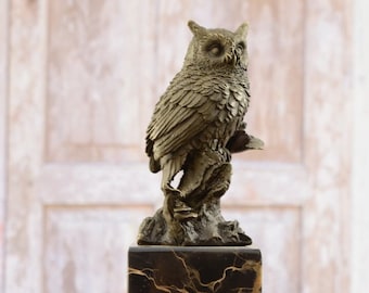 Owl on Branch Bronze Figurine - Wisdom Symbol - Figurine on Marble Base - Exclusive Gift - Foundry Mark - Personalized Gifts