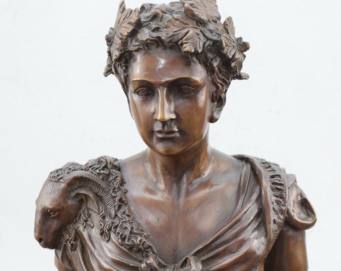 Bust of Woman with Wreath on Head Bronze Statue on Marble Pedestal - Mythological Sculpture - Bronze Art Deco - Exclusive Gift Idea