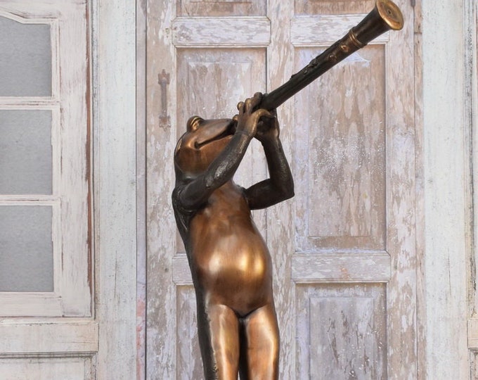 Fountain Bronze Sculpture Frog with Flute - Bronze Garden Statue - Home Decor - Vintage Frog - Fountain Garden