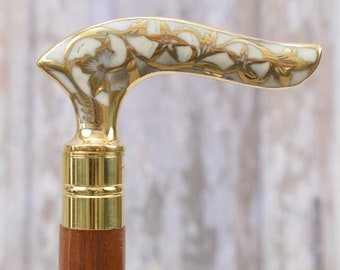 Classic Wooden Walking Cane with Ornate Brass Handle – Art Deco Style Brass Stick