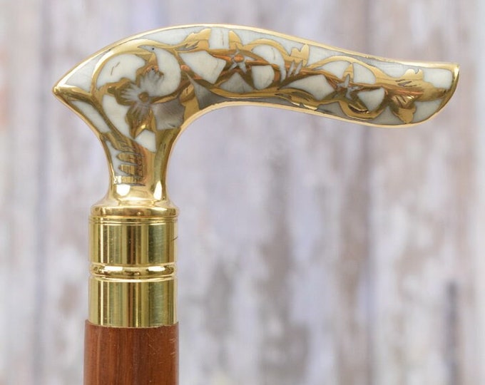 Classic Wooden Walking Cane with Ornate Brass Handle – Art Deco Style Brass Stick