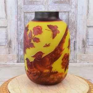 Limited Flower Vase - Yellow and Orange Glass Vase - Pheasants Design - Emile Galle Style - Solid and Heavy - Wedding Gift Idea - Home Decor
